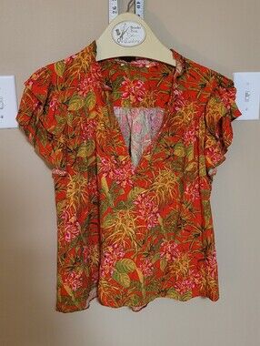 💜2 for $10💜 Bundle and save Floral V-Neck Short Sleeve Top - Orange/Pink